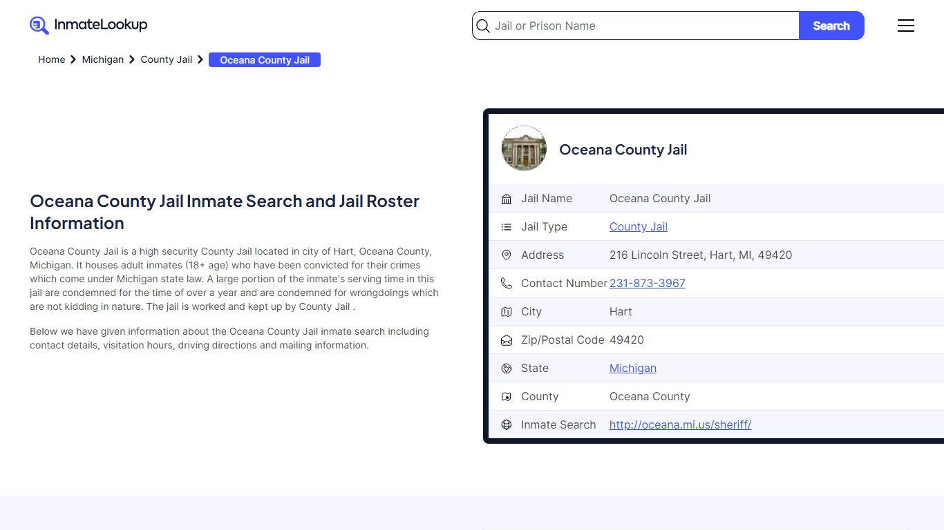 Oceana County Jail Inmate Search - Hart Michigan - Inmate Lookup